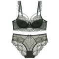 Dunkelgrünes Spitzenunterwäsche-Set mit Bügel-BH und passendem Slip mit Blumenmuster - 70A / Smaragdgrün Set