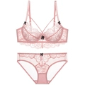 Conjunto de lencería de encaje floral rosa con lazos negros y bordes festoneados - 70A / Rosa