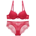 Red floral lace lingerie set with push-up underwire bra and matching sheer panties - 70A / Red