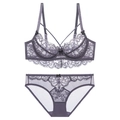 Conjunto de lencería de encaje púrpura con malla transparente y detalles de lazos - 70A / Morado