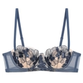 French style dark blue lace bra with floral embroidery and satin detailing on white background - 70B / Blue