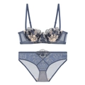 Navy blue lace lingerie set with floral embroidery and mesh details for a sexy look - 70B / Blue