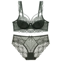 Ensemble de lingerie en dentelle vert foncé avec soutien-gorge floral et culotte en résille - 70A / Vert Foncé