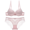 Pale pink lace push-up lingerie set with deep V bra and matching floral lace panties - 70A / Pink
