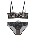 French style black lace lingerie set with floral embroidery and sheer mesh details - Black Zirconia Set