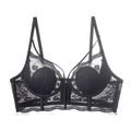 French style black floral lace longline bra with thin straps and supportive wide underband - 70B / Black