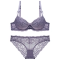 Lace push-up lingerie set in purple featuring floral mesh bra and matching panties - 70A / Top And Bottom / Purple
