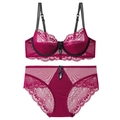 Lace lingerie set with wine red lace bra and matching panties with black bow accents - 70B / Top And Bottom / Red