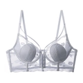 Elegant lavender front-closure lace bra with floral embroidery and mesh details - 70B / Blue