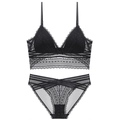 Schwarzes Spitzen-Lingerie-Set im französischen Stil mit bügellosem Triangel-BH und Slip - S / Schwarz