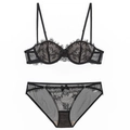 Sexy black French eyelash lace lingerie set with push-up underwired bra and sheer panties - 70A / Black Zirconia Set