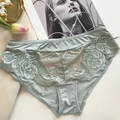 Lace embroidery briefs in mint green with breathable sheer mesh and floral patterns - Grey Green