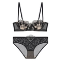 Elegant black lace lingerie set with floral embroidery and semi-transparent mesh details - 70B / Black