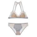 Dettagli di ricamo grigio e tessuto a rete su set reggiseno a triangolo senza ferretto - Grigio