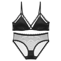 Französisches bügelloses Spitzen-BH-Set mit Satindetails und transparentem Mesh - S / Set mit schwarzen Zirkonia