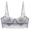 Sujetador de encaje gris transparente con bordado floral y banda inferior festoneada - 70B / Gris