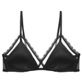 Detail eines schwarzen Satin-Bralettes mit Spitzenbesatz und V-Ausschnitt aus Netzstoff - S / Schwarzes Oberteil