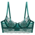Detalle de sujetador de encaje verde oscuro con bordado floral y textura de malla fina - 70B / Top Verde