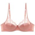 Sujetador de estilo francés en encaje y satén rosa con detalles de malla transparente - S / Rosa