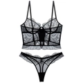 Sexy black lace lingerie set with sheer mesh corset top and matching floral lace thong - Black