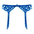Detailopname van donkerblauwe kanten jarretelgordel met verstelbare bandjes en clips - Eén maat / Blauw