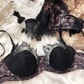 Detailed view of leopard print satin and black floral lace lingerie set with pearls - XXXL / Black Leopard Print