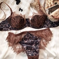 Detail of leopard print satin and brown eyelash lace embroidery on bra and thong - S / Coffee Leopard Print