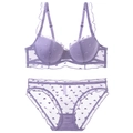 Completo intimo in mesh lavanda con cuori floccati e raffinati bordi a balze - 70B / Viola