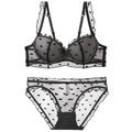Completo intimo in rete nera stile francese con pizzo e motivo a cuori su bianco - 70B / Nero