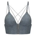 Franse stijl denim blauwe bralette met ritssluiting vooraan en gekruiste bandjes - S / Denim Blauw