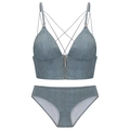Ensemble soutien-gorge triangle bleu denim avec fermeture éclair avant et bretelles - S / Ensemble Denim
