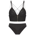 Französisches schwarzes Glitzer-Lingerie-Set mit Frontreißverschluss und Riemchen-Rücken - S / Schwarz