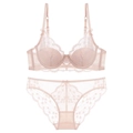 Pink lace lingerie set with floral embroidery bra and matching sheer panties on white background - 70A / Nude