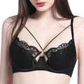 Eleganter schwarzer Spitzen-BH mit Stickerei, Kreuzgurten und weichen Bügeln für Damen - 75B / Schwarzes Oberteil