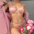 Franse roze satijnen lingerieset met beugelbeha en transparante mesh onderbroek - S / Roze