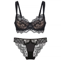 Französisches Dessous-Set aus schwarzer Wimpernspitze mit Blumenmuster und Bügel-BH - 75B / Schwarz