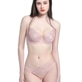 Pink French lace embroidery lingerie set with floral mesh bra and matching panty - Skin Powder Set / 80B