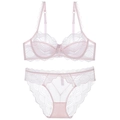 Lace lingerie set with sheer floral bra and matching briefs in light pink color - 70C / Pink
