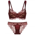 Französisches weinrotes Wimpernspitze-Dessous-Set mit dünnen Cups und passendem Slip - 75B / Burgunderrot