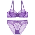 Lace lingerie set in purple featuring sheer floral bra and matching briefs on white backdrop - 70B / Purple
