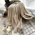 Beige cotton linen textured scarf with fringe tassel detail and pleated design - Beige Fringed