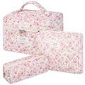Detailed view of 3-piece floral quilted cosmetic bags with metal zipper closure - Small / Pink and Green Floral