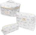 Three-piece quilted cotton floral makeup bag set with cat patterns and zipper closures - Small / Purple Cat Print