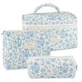 Set de 3 neceseres de maquillaje de algodón acolchado con motivos florales azules - Mediano / Orquídea Blanca y Azul