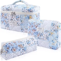 Three-piece floral quilted cosmetic bag set in blue patchwork design with handles - Small / Blue Polka Dot Floral