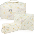 Three-piece beige quilted floral cosmetic bag set with large handle pouch and small zip bags - Small / Yellow and Blue Floral