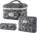 Navy floral quilted cotton 3-piece travel cosmetic set with portable handles - Small / Dark Blue with White Floral