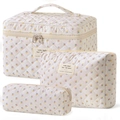 Three-piece floral quilted cotton makeup bag set including tote and small pouches - Small / Colorful Floral Dot