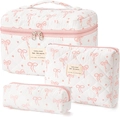 Floral quilted toiletry bag set with three cosmetic cases in off-white and pink - Small / Pink Bow Floral