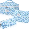 Three-piece floral quilted cotton makeup bag set in refreshing blue flower pattern - Small / Blue Green Ditsy Floral